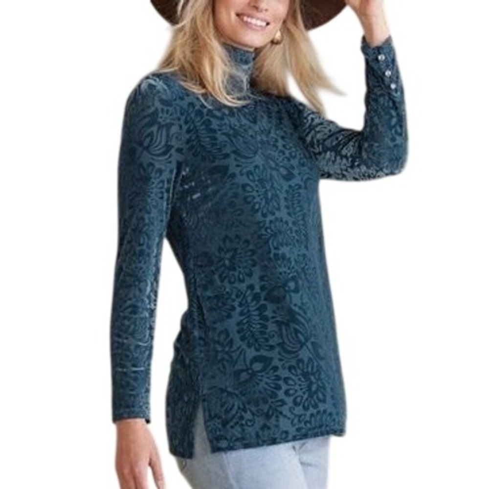 Soft Surroundings Womens Blue Burnout Velvet Floral Turtleneck Tunic Top